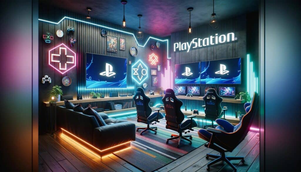 DALL·E 2024 01 29 02.27.34 Design a lifelike image of a sophisticated gaming room prominently featuring the PlayStation logo and signs on the walls. The room should include two | Anything for Sports | Las Vegas Sports